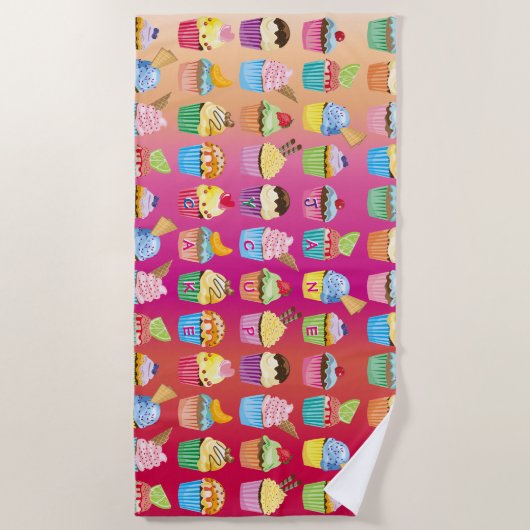 あなた自身のカップケーキのモノグラムのおいしい御馳走を作成して下さい ビーチタオル (正面)