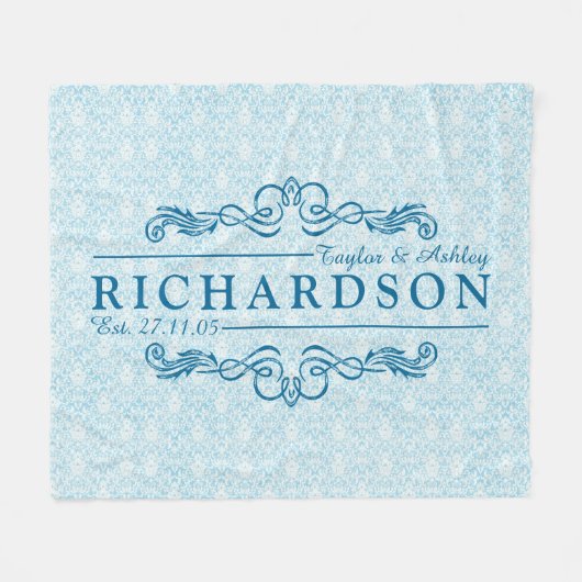 あなた自身のスカイブルーのダマスク織記念日のモノグラムを作って下さい フリースブランケット (正面(横))