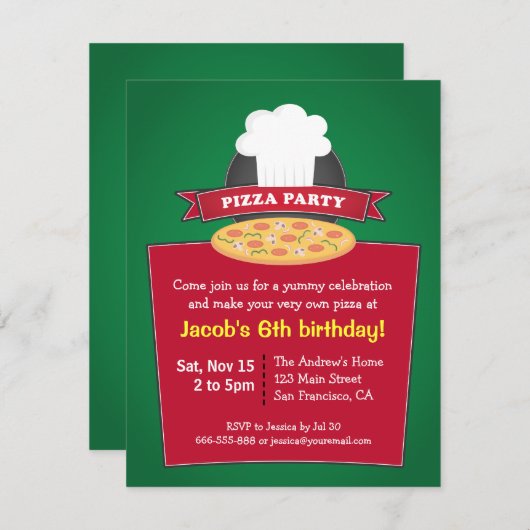 あなた自身のピザ子供の誕生日のパーティーを作って下さい 招待状 (正面/裏面)