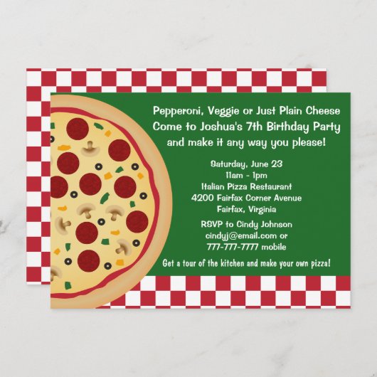 あなた自身のピザ子供の誕生日のパーティーを作って下さい 招待状 (正面/裏面)