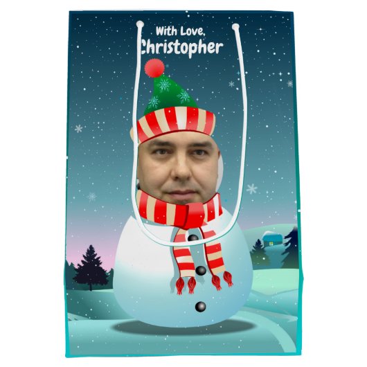 あなた自身の写真とカスタマイズ2つのおもしろいな雪だるま ミディアムペーパーバッグ (裏面)