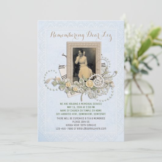 あなた自身の写真の告別式のバラの真珠を加えて下さい 招待状 (スタンド正面)