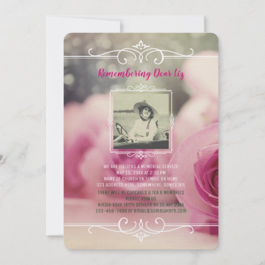 あなた自身の写真の告別式のピンクのバラを加えて下さい 招待状 (裏面)
