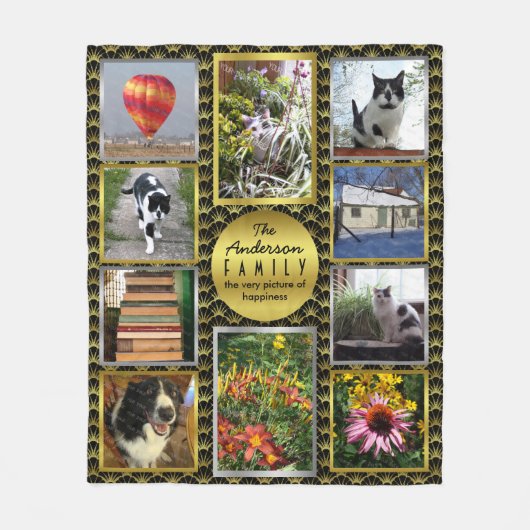 あなた自身の写真の姓の黒の金ゴールドDecoを作成して下さい フリースブランケット (正面)