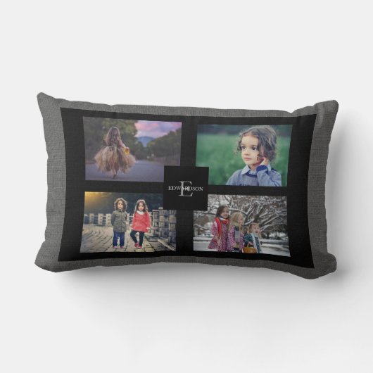 あなた自身の家族写真のコラージュの灰色のバーラップを作成して下さい ランバークッション (裏面)