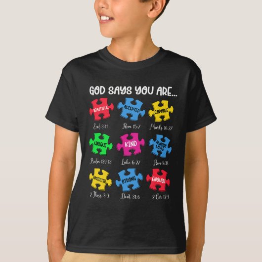 あなた自閉症意識パズル聖句Chris Tシャツ (正面)