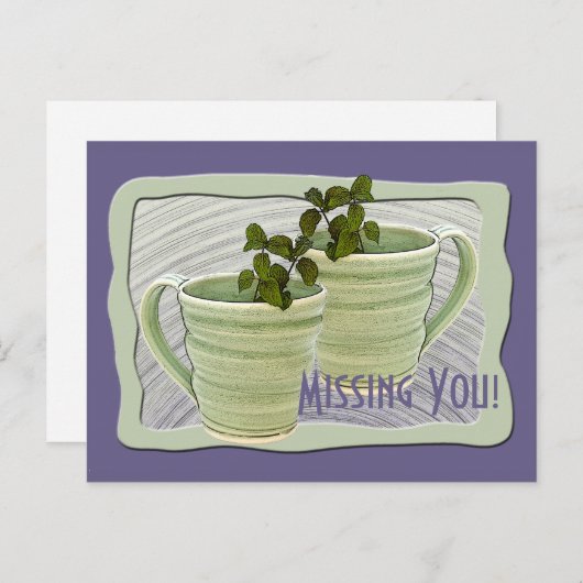 あなた達に会いたい　２つの緑のマグカップとミントの葉の写真　カスタム ポストカード (正面/裏面)