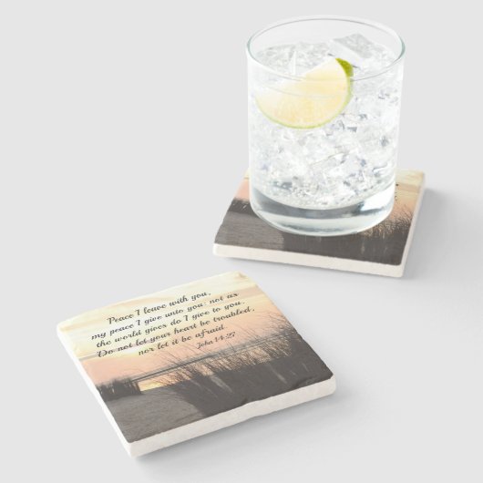 あなた離れと平和，聖書の聖句海の夕日 ストーンコースター (横)