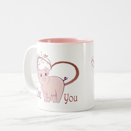 あなた、かわいいピンクのブタおよび渦巻のハートを愛して下さい ツートーンマグカップ (正面左)