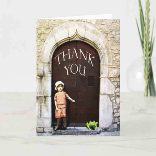 あなた、小さな女の子および緑カエルを感謝していして下さい サンキューカード (正面)