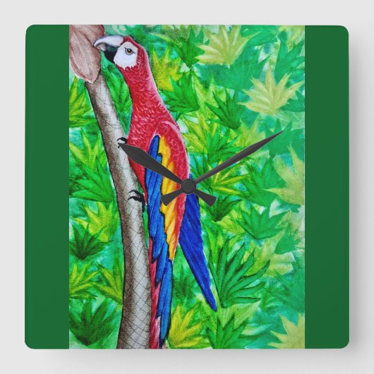 あの木に深紅のマカオが！ スクエア壁時計 (正面)