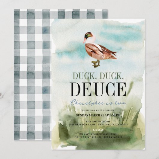 あひるあひるデュース 水彩の少年 2歳の誕生日 招待状 (正面/裏面)