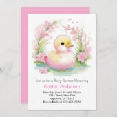 あひるの子 ファンシー ピンク フローラル ガール ベイビー シャワー 招待状 (正面/裏面)