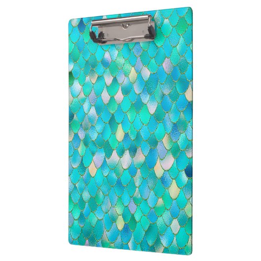 あぶなっかしい水彩画のティール(緑がかった色)のグリッターの金属の人魚のスケール クリップボード (左)