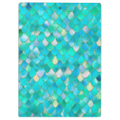 あぶなっかしい水彩画のティール(緑がかった色)のグリッターの金属の人魚のスケール クリップボード (裏面)