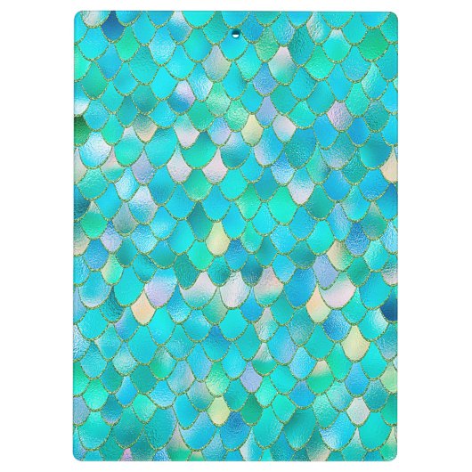 あぶなっかしい水彩画のティール（緑がかった色）のグリッターの金属の人魚のスケール クリップボード (裏面)