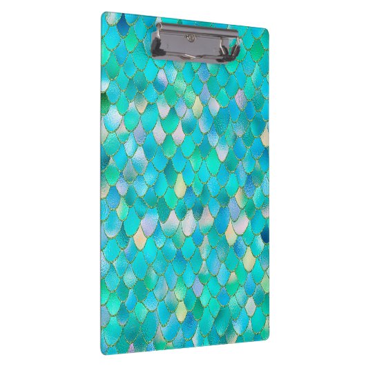 あぶなっかしい水彩画のティール（緑がかった色）のグリッターの金属の人魚のスケール クリップボード (右)