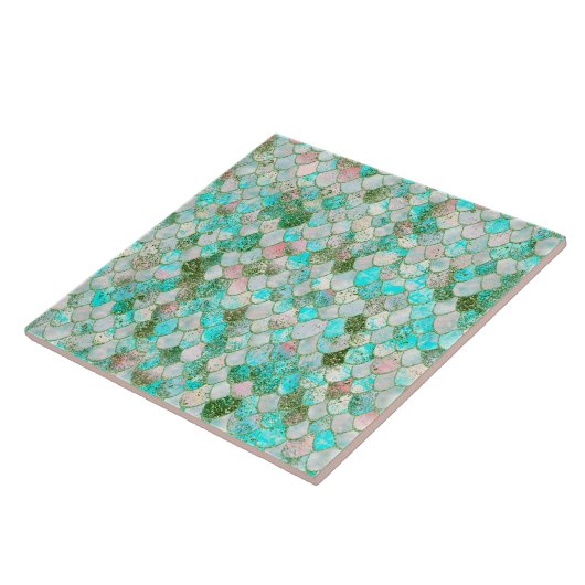 あぶなっかしい水彩画のミントの緑のグリッターの人魚のスケール タイル (側面)