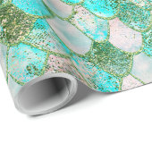 あぶなっかしい水彩画のミントの緑のグリッターの人魚のスケール ラッピングペーパー (ロールコーナー)