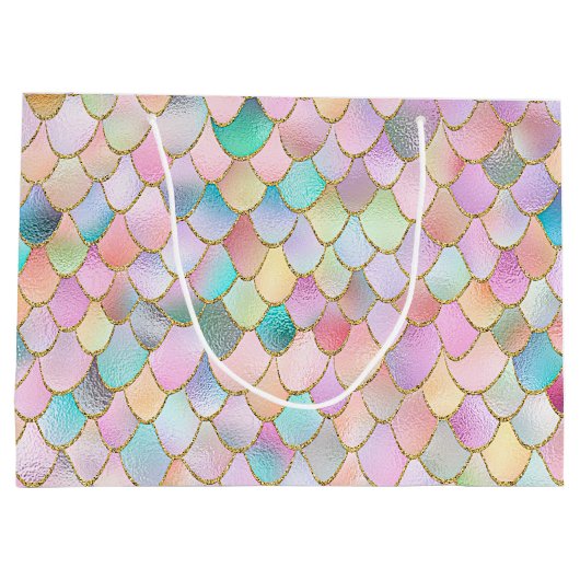 あぶなっかしく粋な虹の女の子の金属の人魚のスケール ラージペーパーバッグ (裏面)