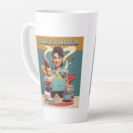 あまりにも多くの労働 – レトロフェミニストタイヤデザイン カフェラテマグ (左アングル)