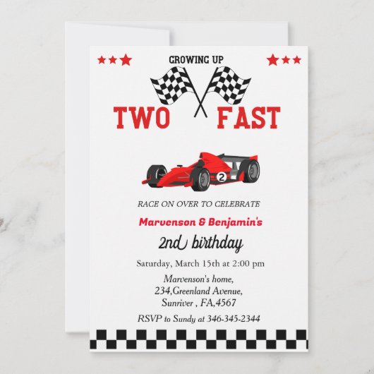 あまりにも速いレースカーの双子の男の子2歳の誕生日に成長 招待状 (正面)