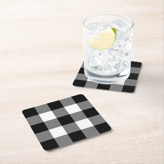あや織りが付いている白黒のバッファローの格子縞 スクエアペーパーコースター (インサイチュ)