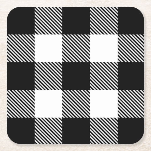 あや織りが付いている白黒のバッファローの格子縞 スクエアペーパーコースター (正面)