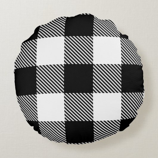 あや織りが付いている白黒のバッファローの格子縞 ラウンドクッション (裏面)