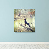 あらいぐまは川のキャンバスで犬を狩る キャンバスプリント (インサイチュ (ウッドフロア))