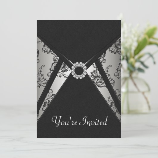 あらゆるシーンに対応するブラックダマスク招待状テンプレート 招待状 (スタンド正面)