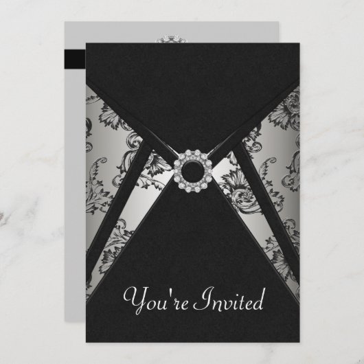 あらゆるシーンに対応するブラックダマスク招待状テンプレート 招待状 (正面/裏面)
