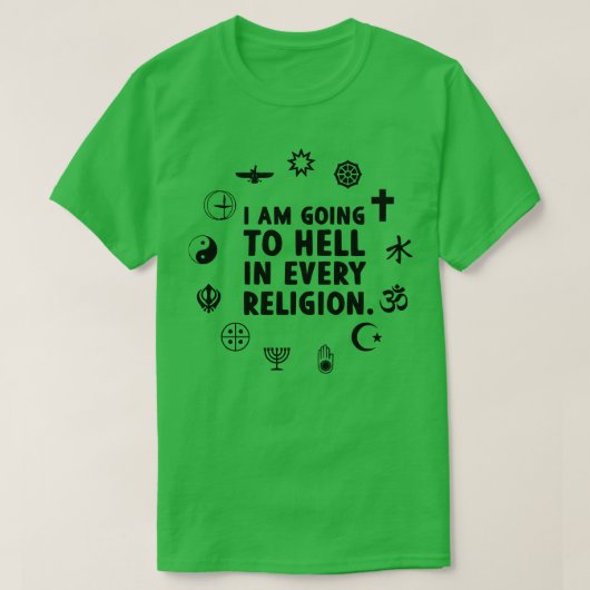 あらゆる宗教で地獄に堕ちる Tシャツ (デザイン正面)