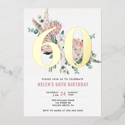 あらゆる年齢に対応したエレガントでモダンなダスティローズの花  箔招待状 (正面)