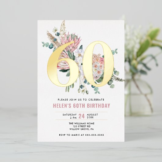 あらゆる年齢に対応したエレガントでモダンなダスティローズの花  箔招待状 (立ち正面)