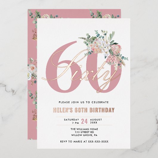 あらゆる年齢に対応したエレガントでモダンなダスティローズの花  箔招待状 (正面/裏面)