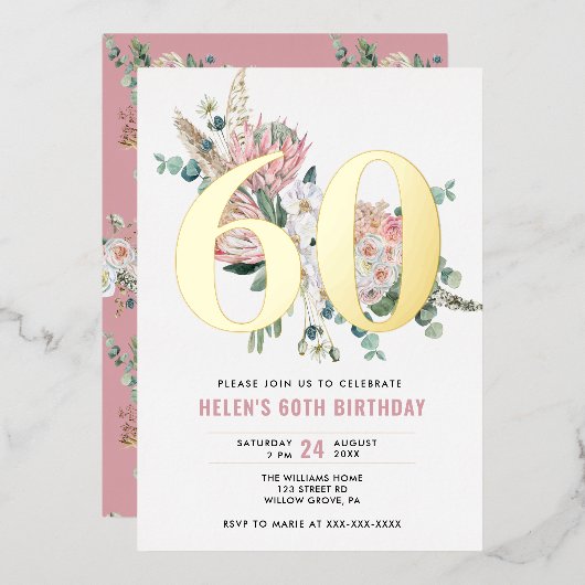 あらゆる年齢に対応するエレガントでモダンなダスティローズの花  箔招待状 (正面/裏面)