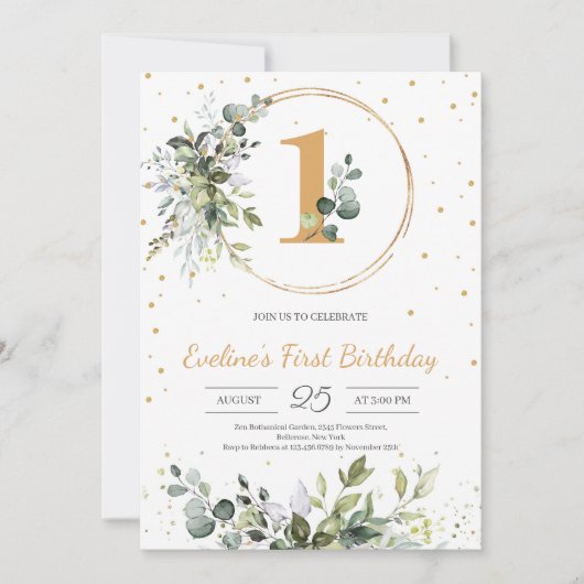 あらゆる年齢のグリーン ユーカリ ボヘミア ゴールド 誕生日 招待状 (正面)