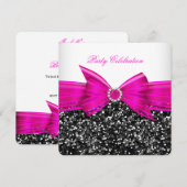あらゆる年齢のラグジュアリー グリッター ホット ピンク リボン ブラック ホワイト 招待状 (正面/裏面)