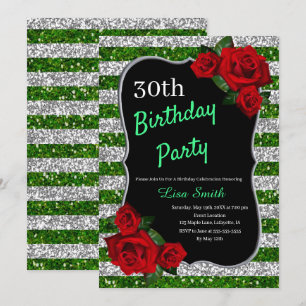 あらゆる年齢の誕生日グリーンとシルバーグリッター赤いバラ 招待状