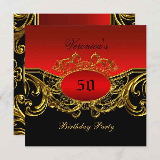 あらゆる年齢の誕生日パーティー エレガントな赤 黒 ゴールド 招待状 (正面/裏面)