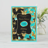 あらゆる年齢の誕生日パーティー ティール ブルー ゴールド バタフライ 招待状 (スタンド正面)