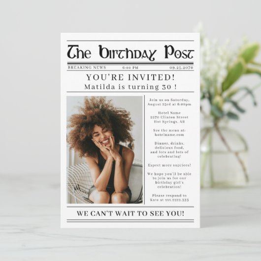 あらゆる年齢の誕生日新聞カスタム写真 招待状 (スタンド正面)