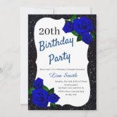 あらゆる年齢の誕生日 ブラック グリッター ディープ ブルー ローズ 招待状 (正面)