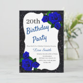 あらゆる年齢の誕生日 ブラック グリッター ディープ ブルー ローズ 招待状 (スタンド正面)