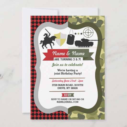 あらゆる年齢の騎士と軍隊の共同男子誕生日パーティー 招待状 (正面)