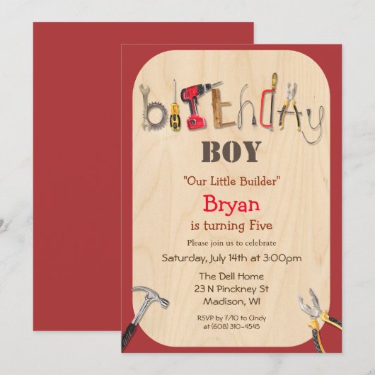 あらゆる年齢 - ボーイ ビルダー ツール バースデー インビテーション (正面/裏面)