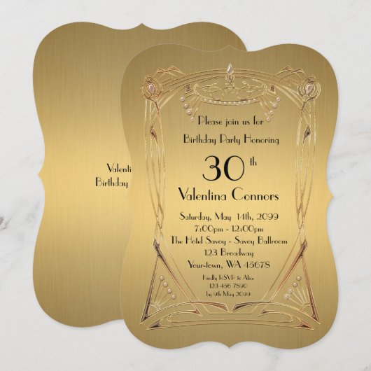 あらゆる年齢、誕生日女性、アートデコ、ギャツビー、ゴールドブラケット 招待状 (正面/裏面)