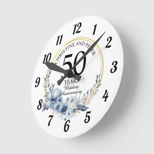 あらゆる結婚記念日 (50) エレガントな青い花の周年記念 ラウンド壁時計 (傾斜)