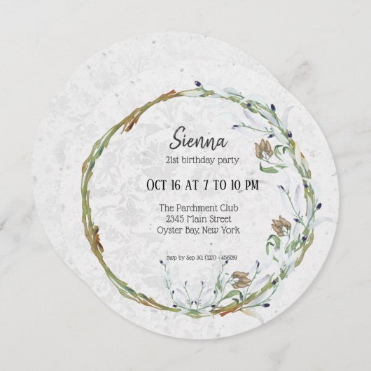 あらゆる行事にぴったりなエレガントな花輪 招待状 (正面/裏面)